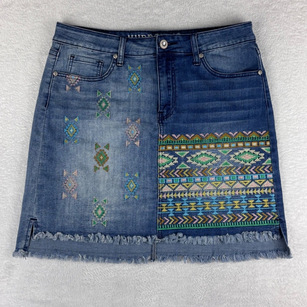 Hydraulic Blue Denim Mini Skirt with Multicolor Embroidery